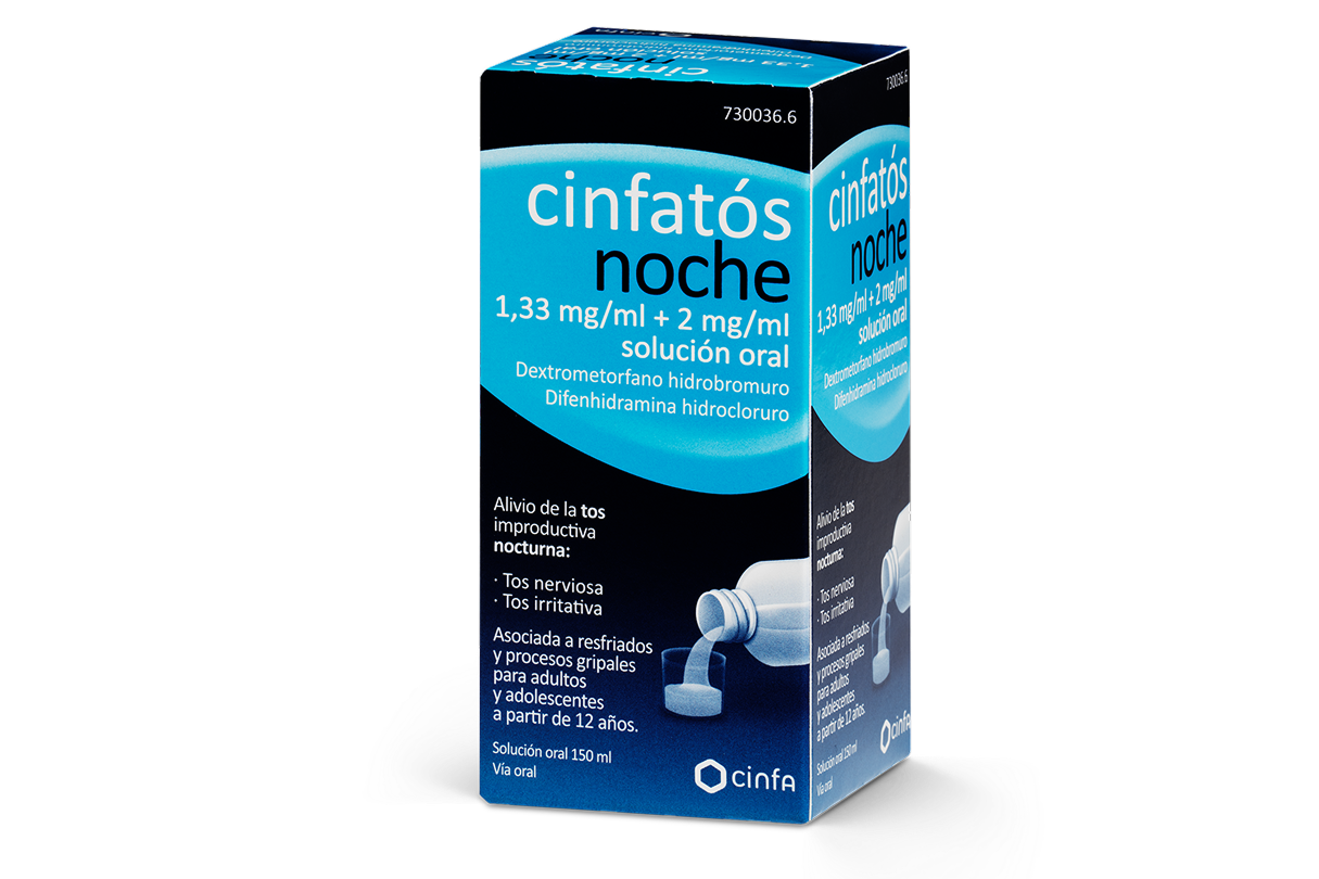 Caja producto Cinfatós Noche en jarabe. Este producto actúa a partir de 15 minutos.